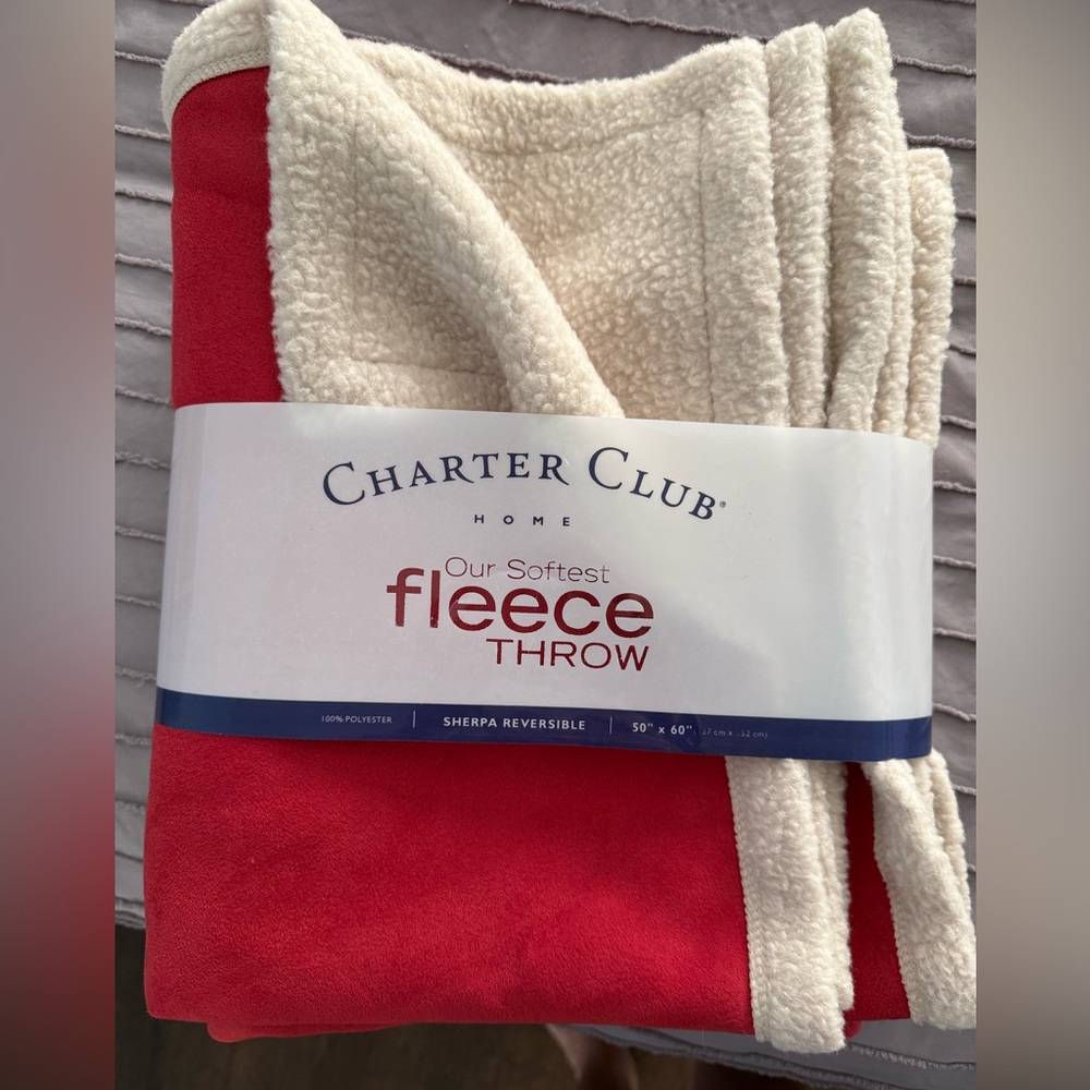 NWT Charter Club Red Fleece Sherpa Throw